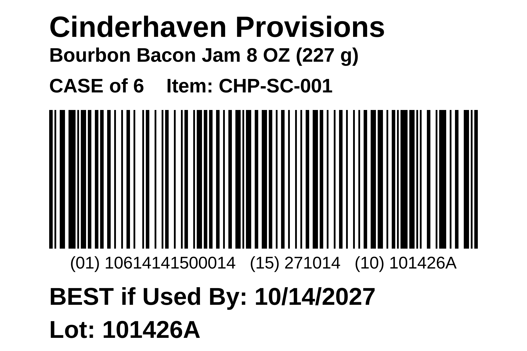 A 4 x 6 inch GS1-128 case label printed by the kit: brand, product name, case count and item number, the barcode with its human-readable line, the best-by date and the lot code.